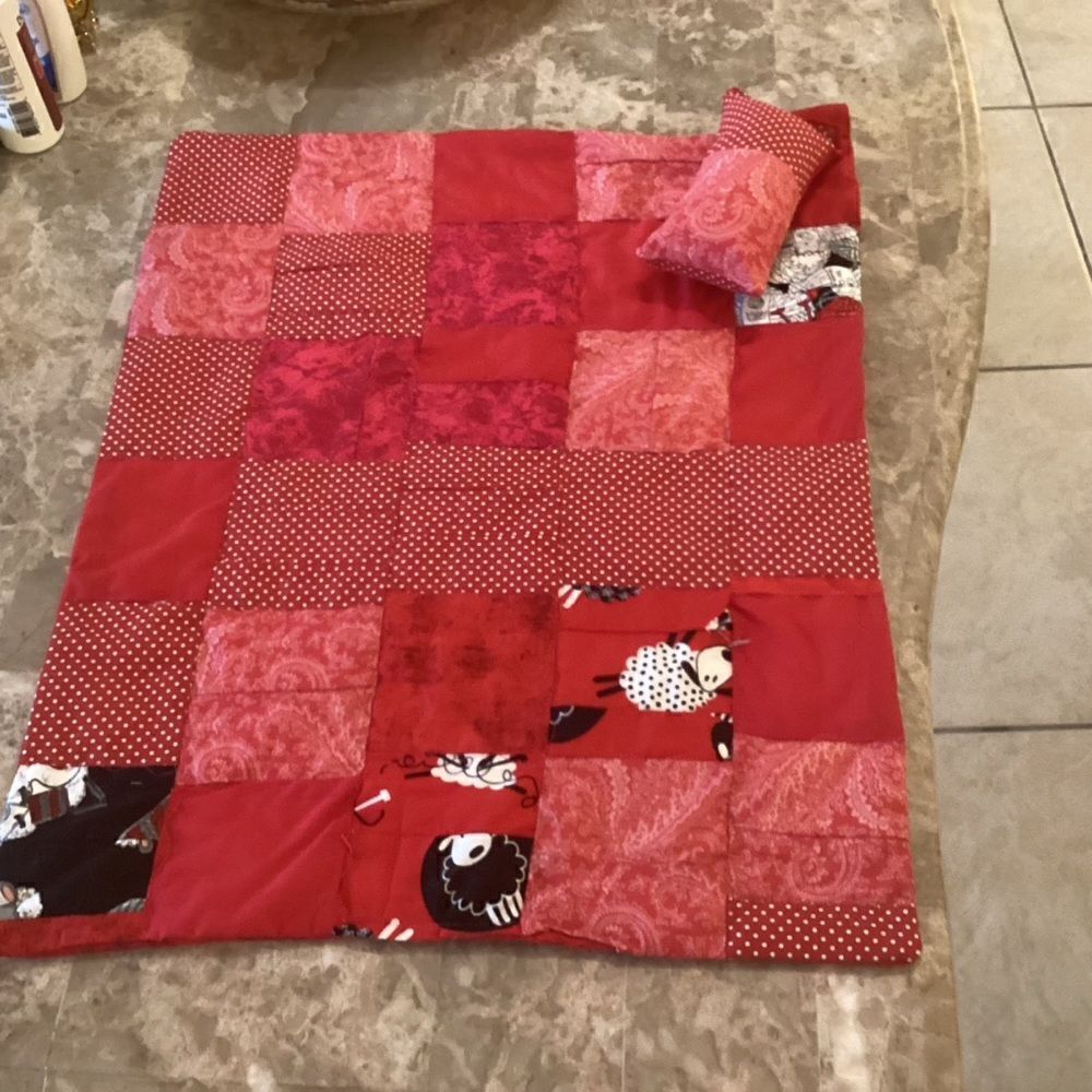 NWOT. Hand Crafted Reversible Doll/Stuffed Animal Quilt with Pillow Set